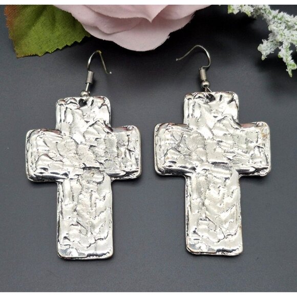 Silver Tone 2.25" Large Dangle Cross Earrings Western Southwest Western Pierced - Picture 4 of 5